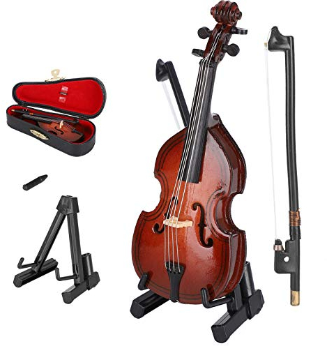 Mini Violine Modell, Holz Bass Miniatur Musikinstrumente Mit Ständer Bogen Koffer Puppenhausmodell Deko Kleines Sammlerstück Kontrabass Replica Home Dekoration Baumschmuck Ornamen Replik Geschenk 10cm