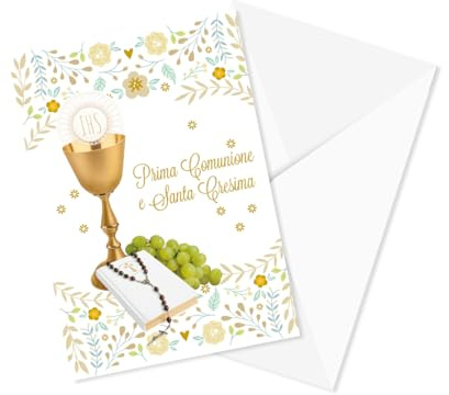 LINA OFFICINE GRAFICHE CREATIVE Tarjeta de Primera Comunión y Confirmación, diseño floral con cáliz dorado, 14,8 x 10,5 cm, incluye sobre