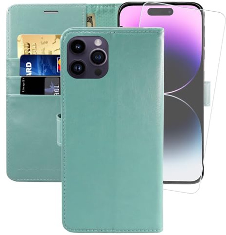 MONASAY Wallet Case for iPhone 14 Pro with 3 Card Holders - Mint | Kickstand,RFID Blocking,6.6 feet of shock absorption,PU Leather, Strong Magnetic Closure, Fits 6.1 inch ONLY,Protective film