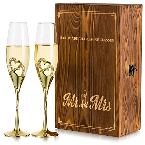 Inweder Copas Novios Boda Regalos para Matrimonios Juego 2 Dorado Copas Champagne Cristal Mr Mrs con Caja Regalo de Madera Grabada Copas de Cava Personalizadas para Aniversario Dama Honor Compromiso