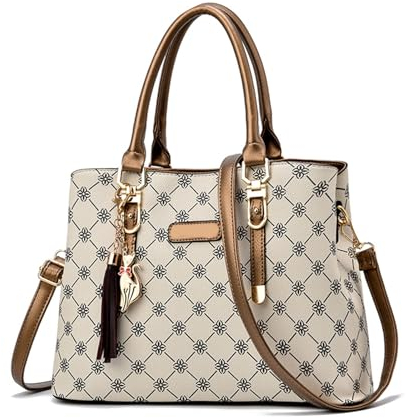 NICOLE & DORIS Damen Handtasche Elegante Schultertaschen Bedruckte Handtaschen PU Leder Frauen Umhängetasche Shopper Tote Mittelgross Tasche Henkeltasche mit Anhänger Beige mit Braun