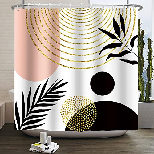 Ttincceer 180x180 cm Cortina de Ducha de Mediados de Siglo Sol Negro Oro Arco Iris Brillante Cortina de baño Abstracta Planta Tropical Hoja de Palma Cortinas de Ducha Cortina de bañera