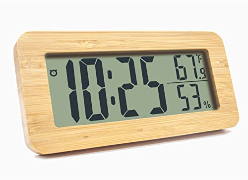 Nachttischuhr, batteriebetriebener Wecker, Digitaluhr mit Temperatur- und Feuchtigkeitsanzeige, großes Display, Mini-Wecker aus Holz LED mit ohne Ticken, Uhr für Büro und Büro