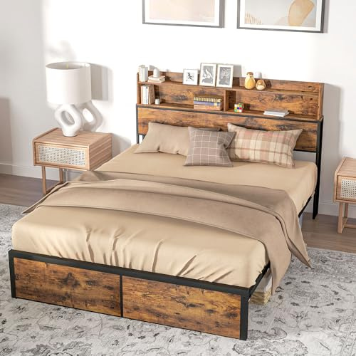 HOMCOM Industrial King Bed Frame, 5.2FT Steel Bed Base with Storage Headboard, Footboard, Slatted Support and Under Bed Storage, 158 x 222cm, Rustic Brown