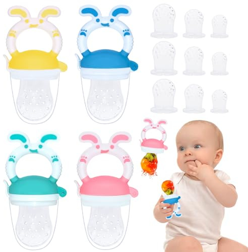 CIYKZYTRS Fruchtsauger Set, 4 Stücke Fresh Fruit Schnuller 9 Ersatzschnuller, Silikon Obstschnuller Schmerzlindernder Beißring, Für Obst und Gemüse, 3 Größen