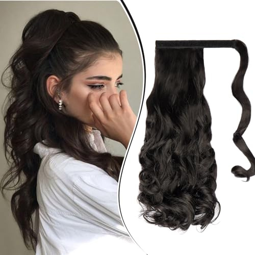 Dcbaboo Pferdeschwanz Haarteil Zopf Extensions Gewellt Lang 50cm Gewickelt Ponytail Extension Haarverlängerung Zopf Clip in Synthetik Locken Pferdeschwanz Extension Kunsthaar Wellige, Dunkelbraun