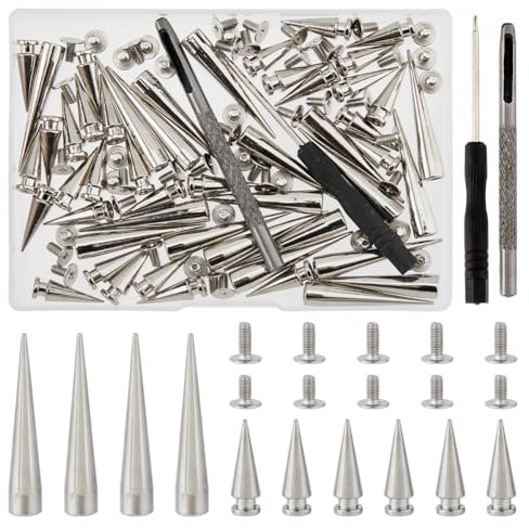 SUPERFINDINGS 50Sets Lange Punk Spikes Nieten Große Ledernieten Schraubnieten Mit Schraubendreherloch Silberne Kegelspikes Für Kleidung Schuhe Gürtel Taschen Hundehalsbänder