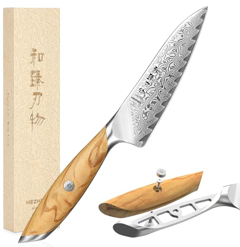 HEZHEN Damast Allzweckmesser, Damastmesser Küchenmesser, Damaskus Stahl Universalmesser, Full Tang Griff