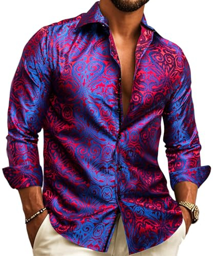 YOHOWA Men's Silk Paisley Long Sleeve Button Down Shirts Disco Mexico Prom | Designer Vintage Floral Jacquard,Luxury Classic 70s,Casual,Business,Button Up Fancy Dress,Lightweight,Untucked,Wedding,Party