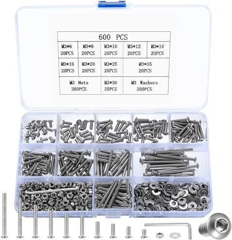 600 Pièces M3 Vis Boulons et écrous et Rondelles Set, Vis à Tête Cylindrique à Six Pans Creux Assortiment Kit, Boulons Vis à Tête Hexagonale Acier Inoxydable pour Mécaniques Moto Auto Voitures