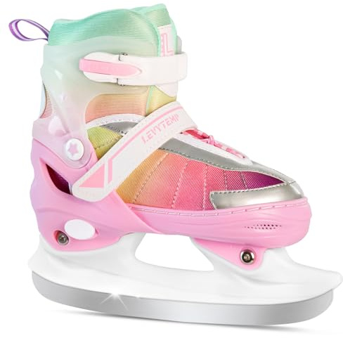LEVYTEMP Adjustable Ice Skates for Kids Girls Boys - Gradient Pink Rainbow Youth Ice Skating Shoes - Sizes X Small Ages 3-5 - Ice Skates for Outdoor and Rink
