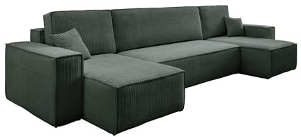 VENASI MÖBEL Wohnlandschaft mit Schlaffunktion Hugo U, Grün Cordstoff | Sofa mit Bettkasten, Schlaffläche 125 × 268 cm, inkl. Kissen & Aufbauanleitung