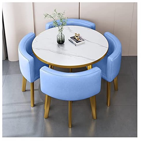 Modernes rundes Konferenztisch-Set für 4 Personen mit blauem Schreibtisch und Stuhl, ideal für Büro, Hotel, Lobby und Geschäftstreffen