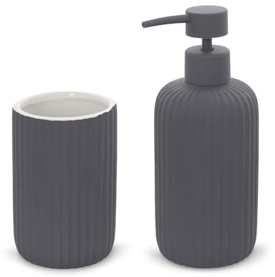 Inbagno Set Accessori Bagno 2 Pezzi in Ceramica Grigio cannettato, Dispenser Sapone e portaspazzolini Soft Touch, Spring
