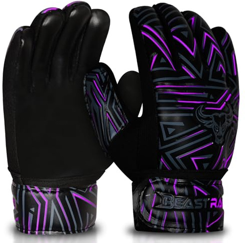 BEAST RAGE ungdom målvaktshandskar för barn, pojkar, flickor, fotboll målvaktshandskar halkskydd 4 mm latex palm, extra grepp, dubbel handledsrem, andningsbart nät (lila, storlek 7 (S/M))
