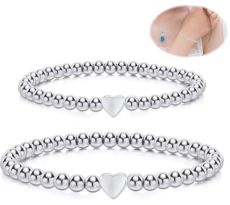 Yuqilin 2 Stücke Herz Armband Elastizität Kugelarmband Set Damen Armband Freundschaftsarmband Damen Mutter Tochter Elastisch,für Mädchen Paar Mutter und Tochter(Silber)