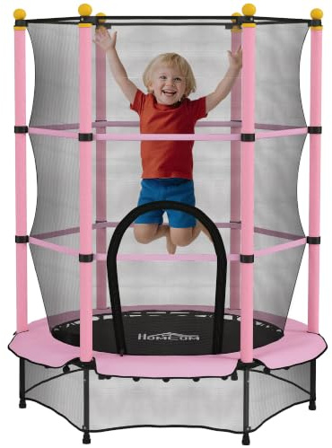 HOMCOM Trampolin utomhus Ø140 cm, barntrampolin trädgårdstrampolin med säkerhetsnät, kantskydd för barn 3-10 år, belastningsbar upp till 50 kg Rosa