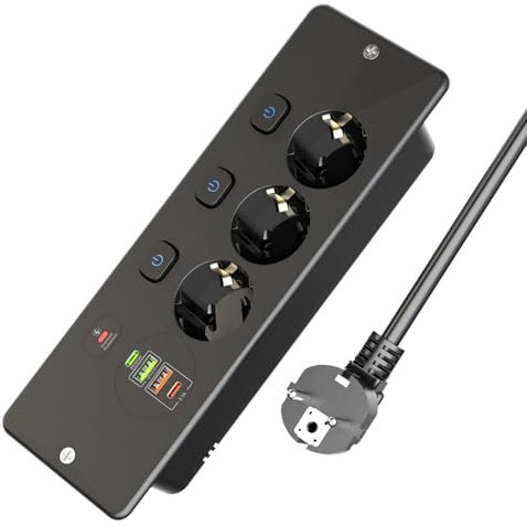 Presa da Tavolo a Scomparsa con 4 USB, BOCHLION Ciabatta Multipresa con Interruttori Indipendenti, PD20W e QC3.0 Ricarica Ciabatta Elettrica Multipresa con Protezione Sovratensione Cavo 1.8m-Nero