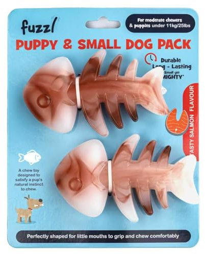 Fuzzl Kauspielzeug für Welpen, Lachsgeschmack, kleine Hunde, Fischgrätenform, langlebiges Kauspielzeug für Welpen und kleine Rassen, Zahnpflege, Zahnentlastung und interaktives Spielen, 2 Stück