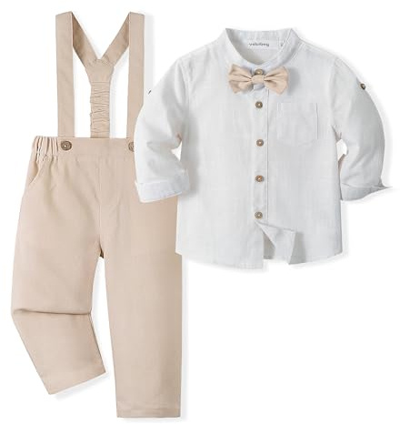 Volunboy Elegant barnset, linne pojke Henley skjortor rosett och hängslen byxor 4 delar ceremoni bröllopskläder, Ljus kaki, 4-5 anni