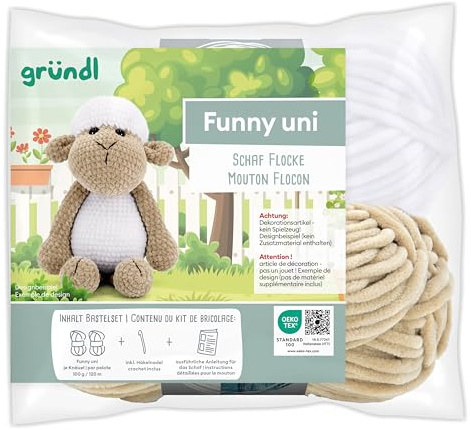 Gründl Funny uni Häkeltier häkeln, Set mit 2 x 100 g Funny uni Chenillegarn, 1 Häkelnadel und eine Anleitung in Deutsch u. Französisch (Schaf Flocke)