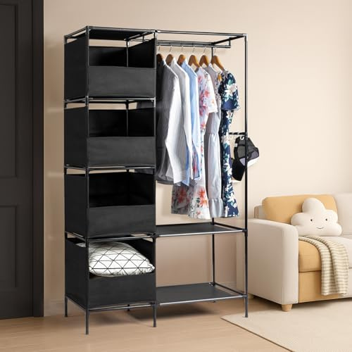 Bonnlo Kleiderschrank offen, Stoffschrank mit Kleiderstange und Ablagen Stabil, Stoffkleiderschrank für Schlafzimmer, Faltschrank mit Vorhang, 105 x 45 x 170 cm, Schmal, Schwarz