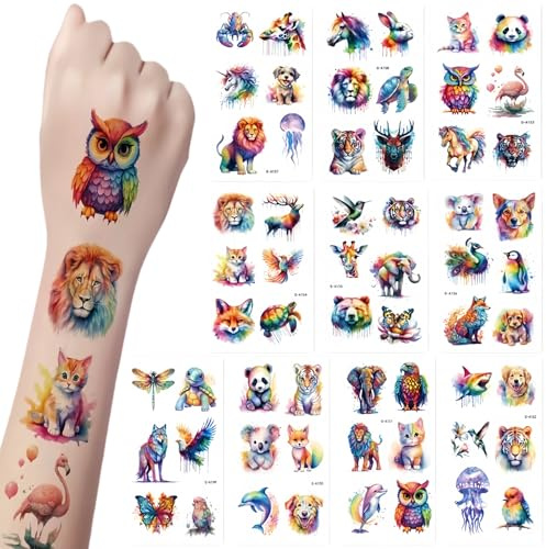 Tattoos Wasserfarben Tiere, Azheeuiy 10 Blätter Hautfreundlich Temporären Tattoo，Lehrer Belohnt mit Tattoo-Aufklebern