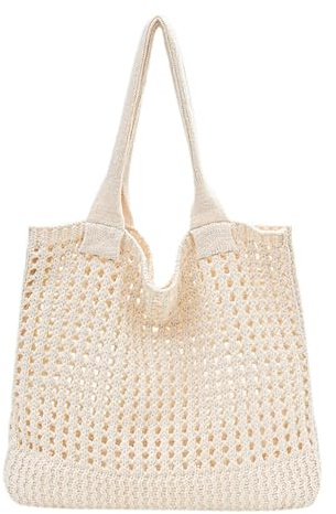 ZLKRHAK Häkeltasche Shopping Bag Gehäkelte Tasche Strandtasche Gehäkelt Tasche Damen Aprikosenfarbene Einfache Tragetasche Mit Großem Fassungsvermögen