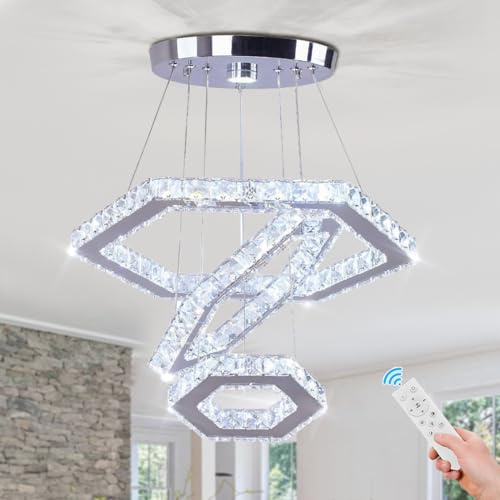 FRIXCHUR Kristallhanglampe Moderne 3-Ringe LED Kronleuchter mit polygonalen Kristallringen, dimmbare Hängeleuchte Deckenleuchte für Wohnzimmer, Esszimmer, Schlafzimmer, Küche, Flur