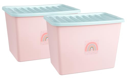 Muddy Hands 2 x 80 Litre Large Plastic Storage Boxes with Lids – Pink Stackable Containers with Rainbow Design, Durable & Lightweight for Toys, Clothes, Nursery & Home Organisation