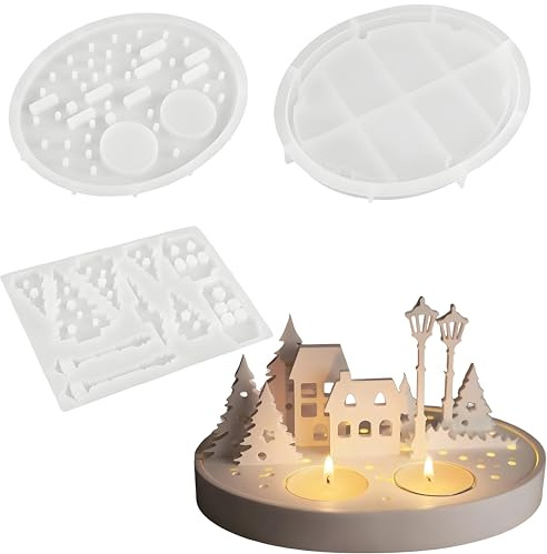 JClorix 3 Pièces Moules Silicone Gießformen Maisons Arbre Bougeoir Moule Bougie Noël Automne Halloween Résine Époxy Plâtre Gypse Sapin Citrouille DIY