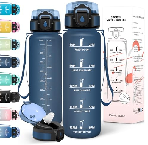 Motswedi Trinkflasche 1l, Kohlensäure Geeignet, Trinkflasche mit Strohhalm, Auslaufsicher, Wasserflasche, BPA-Frei, Flasche, Einhandöffnung, Trinkflaschen, für Fitness, Fahrrad, Outdoor,Dunkel Blau