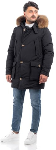 Parka Uomo Eskimo Neve Imbottito Cappuccio Giubbotto Invernale Piumino Lungo VEQUE (IT, Testo, L, Regular, Regular, Nero)
