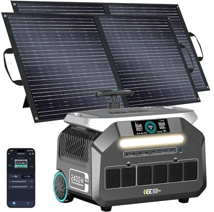 IEE 2400W Estacion de Energia Portatil P2400 con 2x100W Panel Solar, 2048Wh Generador Solar, Batería LiFePO4, Carga Rápida en 1h, APP, 16 Puertos, Power Station para Camping, Caravana, Emergencias