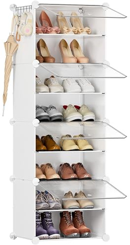 Schuhregal, 8 Ebenen Schuhschrank hoch und schmal mit Tür, Kunststoff Schuhregal geschlossen, Weiß, DIY Schuhschrank für Flur Schlafzimmer Eingang