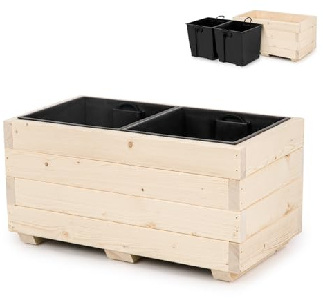 alfalux Blumentopf Holz - Pflanzkübel Übertopf Blumenkasten - mit Zwei Kunststoffeinsätzen Herausnehmbar - 62 x 33 x 32 cm - Naturholz 62KAN3332