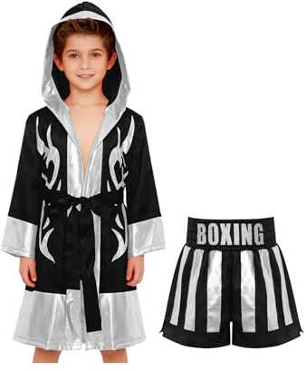 Aislor Costume da Boxe Bambino Ragazzo Accappatoio da Boxe Muay Thai MMA Kickboxing Training Robe + Pantaloncini Shorts Abbigliamento per Arti Marziali Nero argento 11-12 anni
