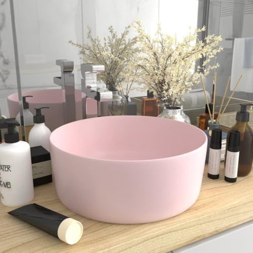 Mokuyary Lavabo da appoggio in ceramica con lavabo di lusso, rotondo, colore rosa opaco, 40 x 15 cm, in ceramica
