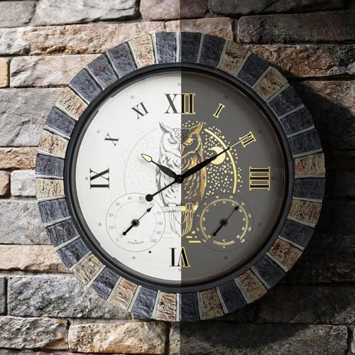 BBALOVEDRE Orologio da esterno impermeabile da 45,7 cm, con termometro e igrometro, luce notturna intelligente, orologio da parete per esterni, silenzioso, funzionamento a batteria, per giardino