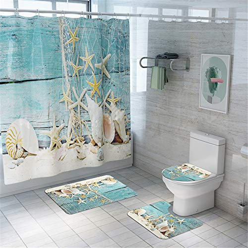 Enhome Juego de 4 Piezas de Alfombra de baño Antideslizante + Tapa de Inodoro + Alfombrilla de baño + Cortina de Ducha, Mundo de los Fondos Marinos (Concha)