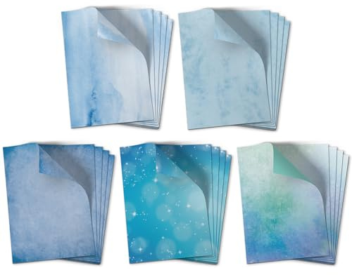 100 Blatt Briefpapier (A4) | Motiv Mix Blau (5 x 20 Blatt) | buntes Premium Motivpapier zum Basteln | edles Design Papier | beidseitig bedruckt | Bastelpapier | 90 g/m²