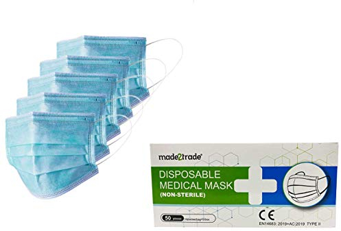 made2trade Scatola dispenser da 50 maschere chirurgiche monouso a 3 strati con certificato CE & EN14683 tipo II – con nasello – senza lattice e fibra di vetro