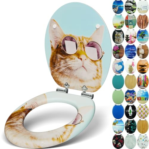SANFINO® Premium WC Sitz mit Absenkautomatik – hochwertige Toilettendeckel aus Holz, viele bunte Motive, hoher Sitzkomfort, einfache Montage inklusive Montageanleitung – Cool Cat