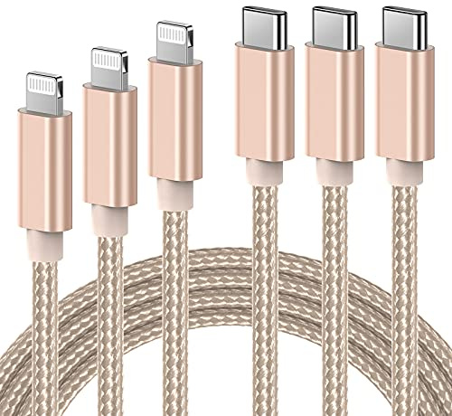 Ulinek 3 Pieza Cable USB C a Lightning 1M+2M+3M, Cable iPhone USB C MFi certificación, Cable Lightning Carga Rápida Trenzado para iPhone 12/11/SE 2020/XS/XR/X/8/iPad, iPad Pro, Airpods - Oro