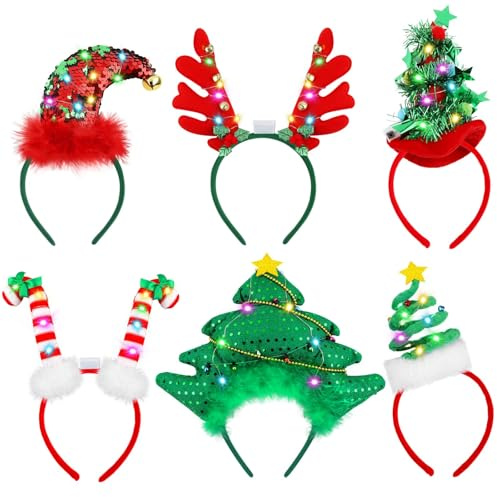 Aneco 6 Pack LED Christmas Headbands Assorted Christmas Tree Candy Canes Elf Hats Headwear Antler Costume Hair Hoop for Christmas Costume Accessory Party Favors