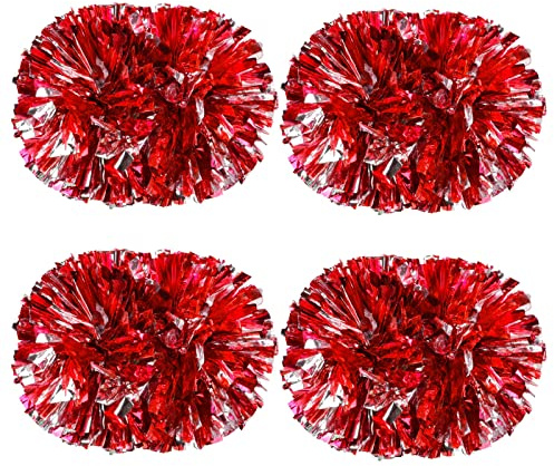 Colexy Pompones de Animadora, 4 Piezas Cheers Pompones de Animadora, Porristas Pom Bright Metallic, Pompones de Baile con Asa, Pompones Coloridos de Porristas para Juego Deporte, Plata Mezclada Rojo
