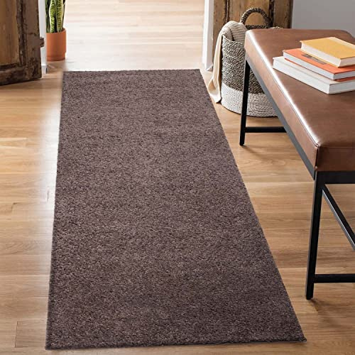 carpet city Shaggy Hochflor Teppich - Läufer 80x300 cm - Braun - Langflor Flurteppich - Einfarbig Uni Modern - Flauschig-Weiche Teppiche Schlafzimmer Deko