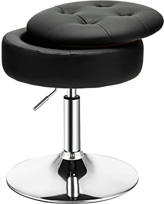 COSTWAY 360° Swivel Vanity Stool, Height Adjustable PU Leather Footstool Storage Ottoman with Removable Tray Lid, Modern Padded Round Footrest Accent Makeup Stool Chair for Living Room Bedroom (Black)