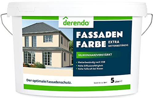 derendo Fassadenfarbe beige 5l mit EXTRA hohem Wetterschutz, matte silikonharzverstärkte Fassaden Farbe, hohe Deckkraft und gute Füllkraft bei kleinen Rissen (Cremebeige 5-31)