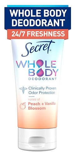 Secret Desodorante de cuerpo completo en crema para mujer, aroma a flor de melocotón y vainilla, desodorante sin aluminio, 72 horas de protección contra olores, 3 onzas